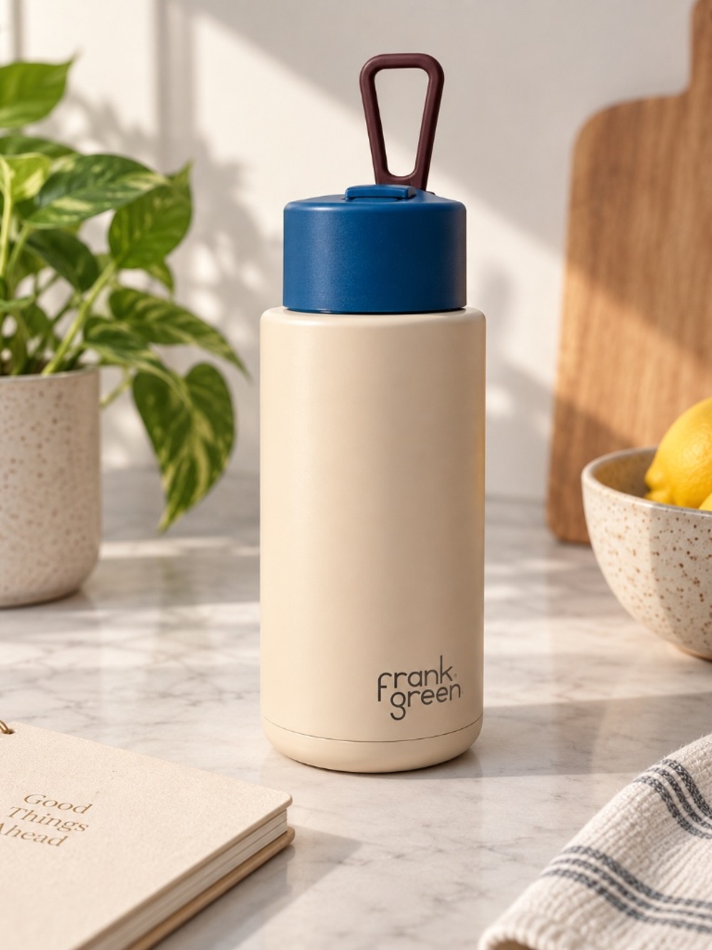 Frank Green Reusable Water Bottle Cream Blue Lid Carry Loop Modern Minimalist